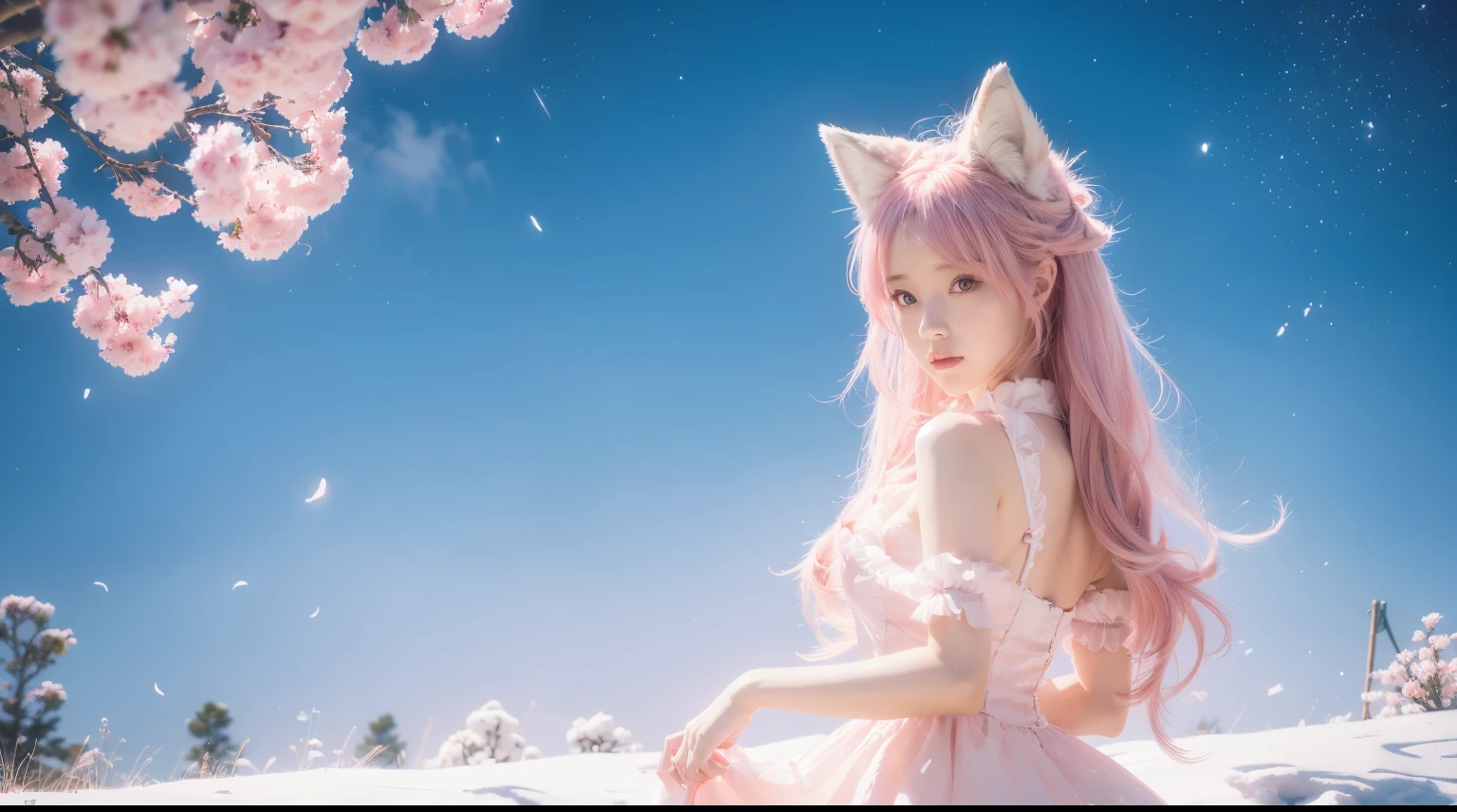 Nine snow-white fox tails (1.0), Milky white fox tail (1.0), Close-up of the nine-tailed fox, Nine tails, Nine tails, animemanga girl,A pink-haired,pinkdress,There are flowers on the hair, Very beautiful anime fox girl, Beautiful anime fox girl, Beautiful fantasy anime, guweiz, Anime girl with fox ears, Beautiful anime girls, Very beautiful and cute fox girl, pink flower rain, The background blurred out, Anime style 4k, Anime fantasy artwork, 4k anime wallpapers, Gouves style artwork