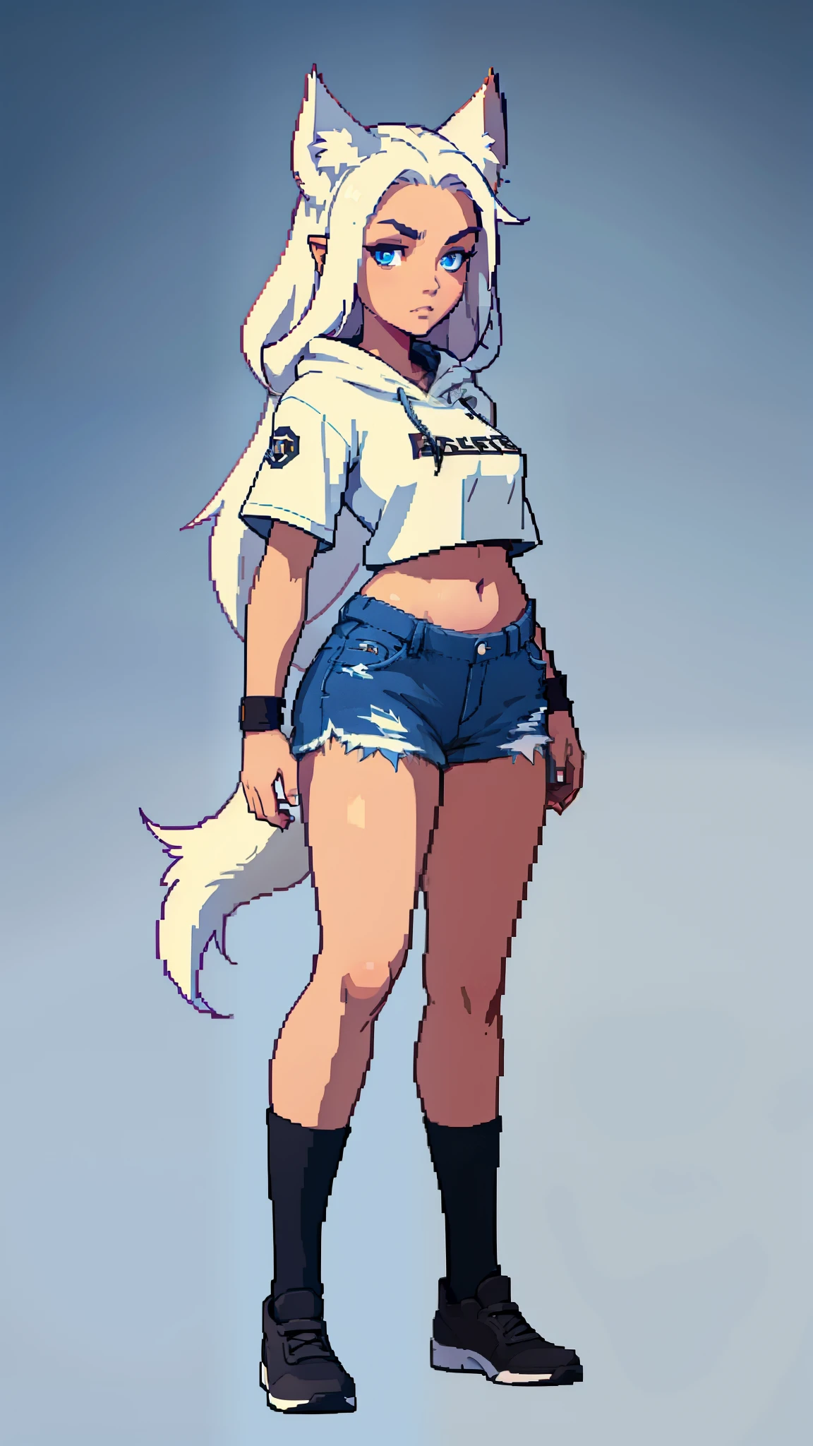 Masterpiece, horny, girl with long flowing white hair, has wolf ears, had wolf tail, wearing denim short shorts and a cropped black hoodie, thick thighs, wide hips, wearing thigh high socks, solo, alone, no wolves, showing belly, has glowing blue eyes, flat chest