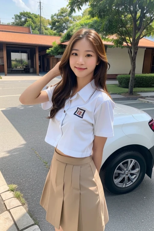 (((32k,high detal,high detal、masterpiece,Attention to detail,full body Esbian,Lori,独奏))),Raw foto & realistic atmosphere,Finely drawn eyes on soft white skin that shines in detail,best designed high school uniforms, Surreal and very cute schoolgirl, , japanese girl school uniform, Japan schoolgirl uniform, red bowtie,beautiful and muscular17 year old schoolgirl,blush,17 year old girl,natural soft light、Sheer clothes,Brown shiny hair,a miniskirt,(Bare legs,White short-sleeved shirt looks wet and see-through,summer clothing,Beautiful friendly eyes,Looking at the camera:1.5),(((thick and smooth legs:1.6,Exposed thighs,Raise the skirt to the very edge,Shot in the middle of the thigh,kindly smile,large full breasts:1.4)))