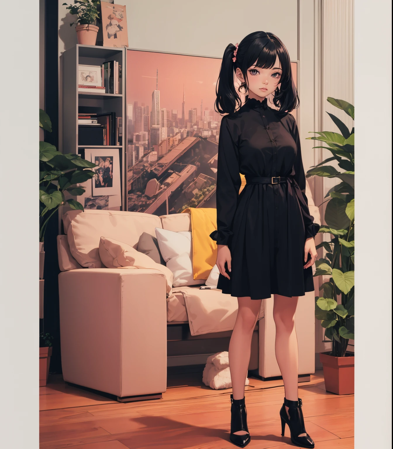 (masterpiece, best quality), beautiful woman, 23 years, soft light, black sexy cocktail dress, cleveage, long hair, long twintails, hairbows, black hair, alluring, big georgeous eyes, soft smile, perfect slim fit body, black heels, realistic background, elegant apartment, minimalistic apartment, standing, realistic background, bright colors, (risograph), full body shot, fullbody, medium breasts, solo, cleveage, sexy