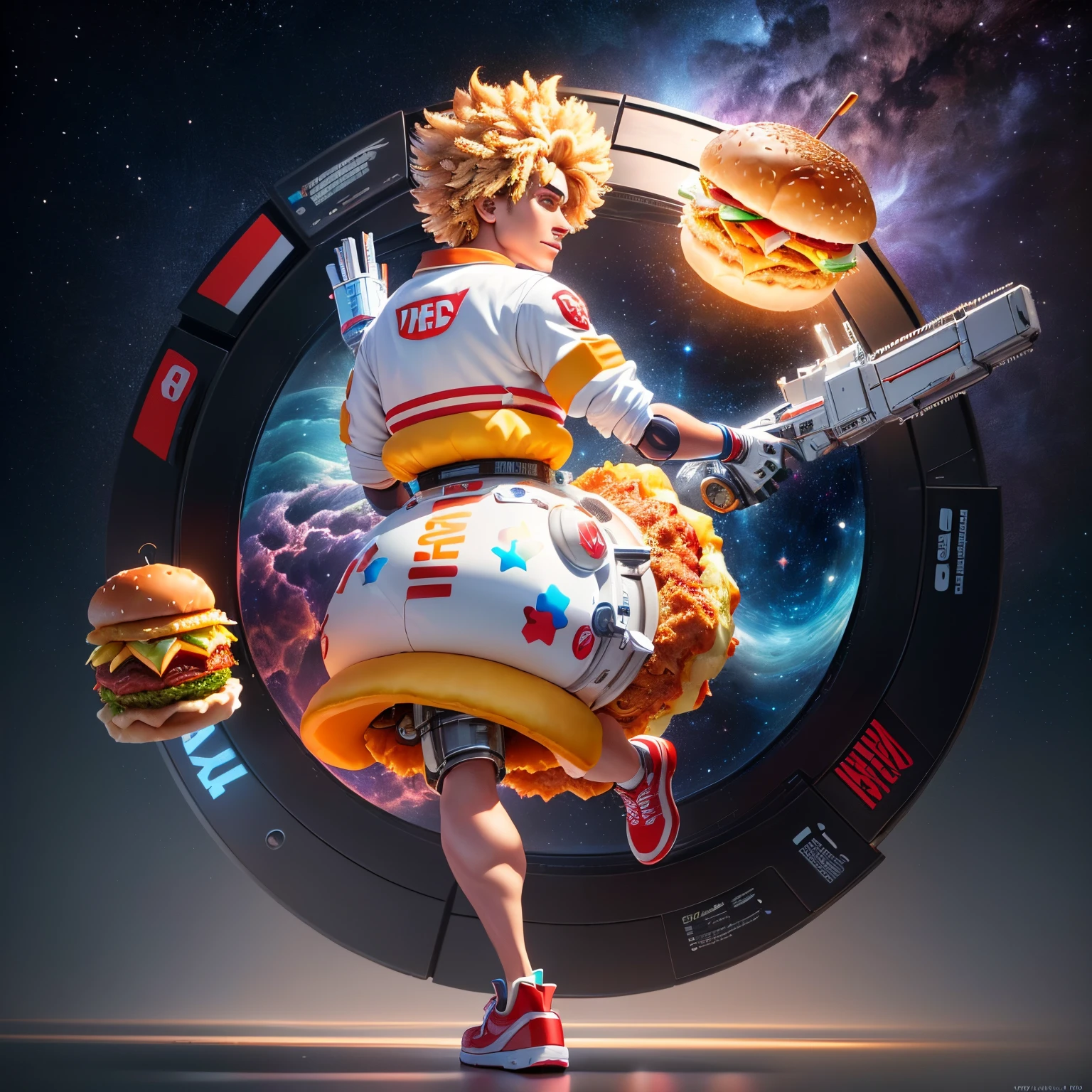 A KFC hamburger, magical, anthropomorphic, boy, dressed in a futuristic machine and carrying a mechanical weapon, with a colorful universe in the background. Pixar Animation, funky blind box, OC render, Ray-tracing, high quality, high detail, High resolution, 8k, bust size