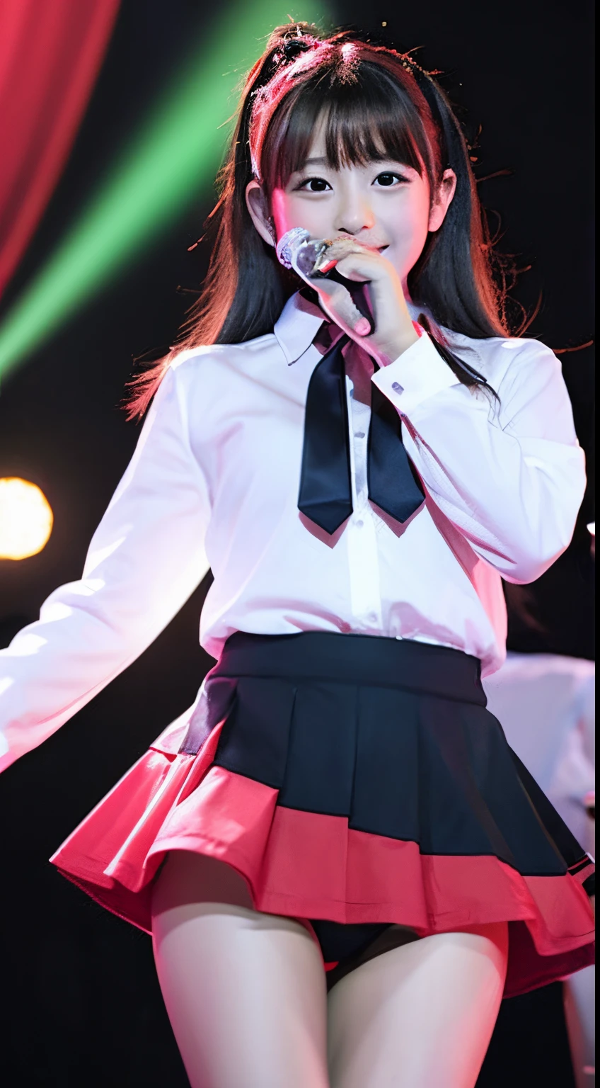 high-level image quality、hight resolution、11years old  girl、小柄、japanes、a beauty girl、Idol singer、sing at stage、Packed crowd、Sexy costume、a miniskirt、The skirt is very short、Shooting from under your feet、Panties are visible、Panties are visible、