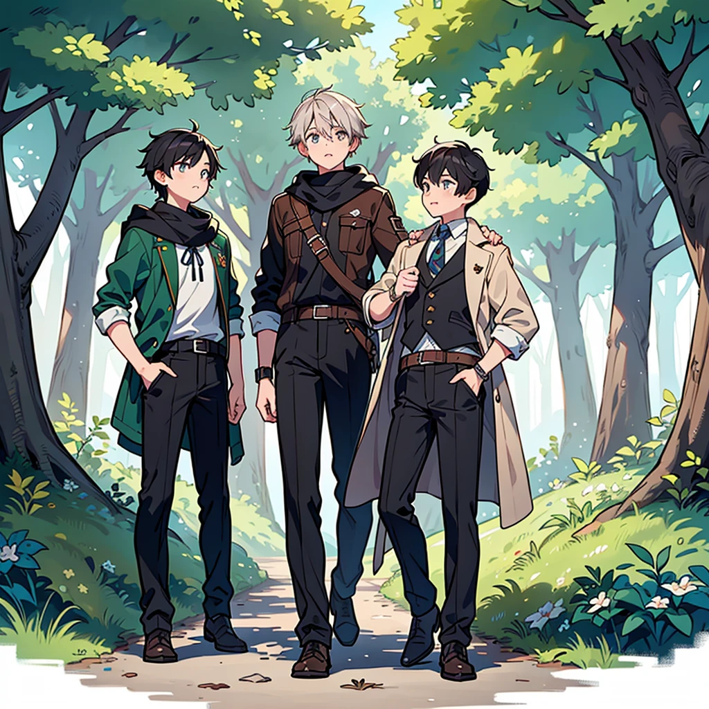 three boys, one black hair boy, two gray hair boys, adventure, friendship, in the forest, fantasy fashion,