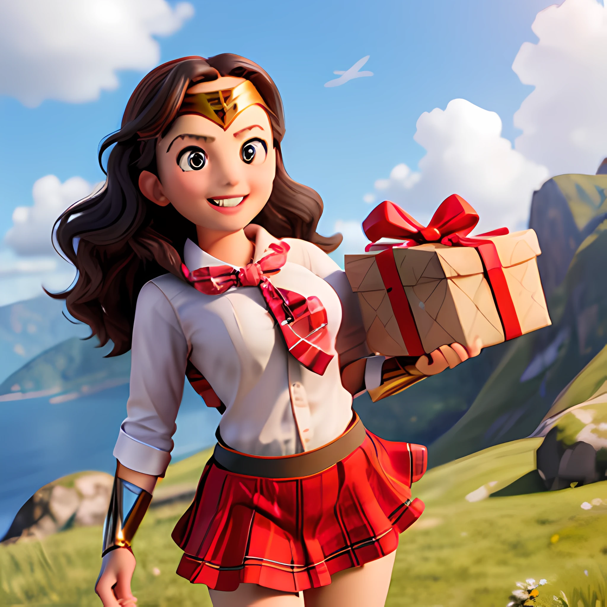 masterpiece, high quality best quality, (wonder woman), bangs, beach, blue_sky, blush, bow, breasts, checkered, checkered_shirt, checkered_skirt, cloud, cloudy_sky, collarbone, day, envelope, giving, grass, hair_bow, heart, holding, holding_letter, horizon, incoming_gift, leaning_forward, letter, light_rays, long_hair, looking_at_viewer, love_letter, mountain, mountainous_horizon, ocean, outdoors, plaid, plaid_background, plaid_bikini, plaid_bow, plaid_bowtie, plaid_bra, plaid_dress, plaid_headwear, plaid_jacket, plaid_legwear, plaid_necktie, plaid_neckwear, plaid_panties, plaid_pants, plaid_ribbon, scarf, shirt, skirt, plaid_vest, pov, shirt, skirt, sky, smile, solo, sun, sunbeam, sunlight, tree, unmoving_pattern