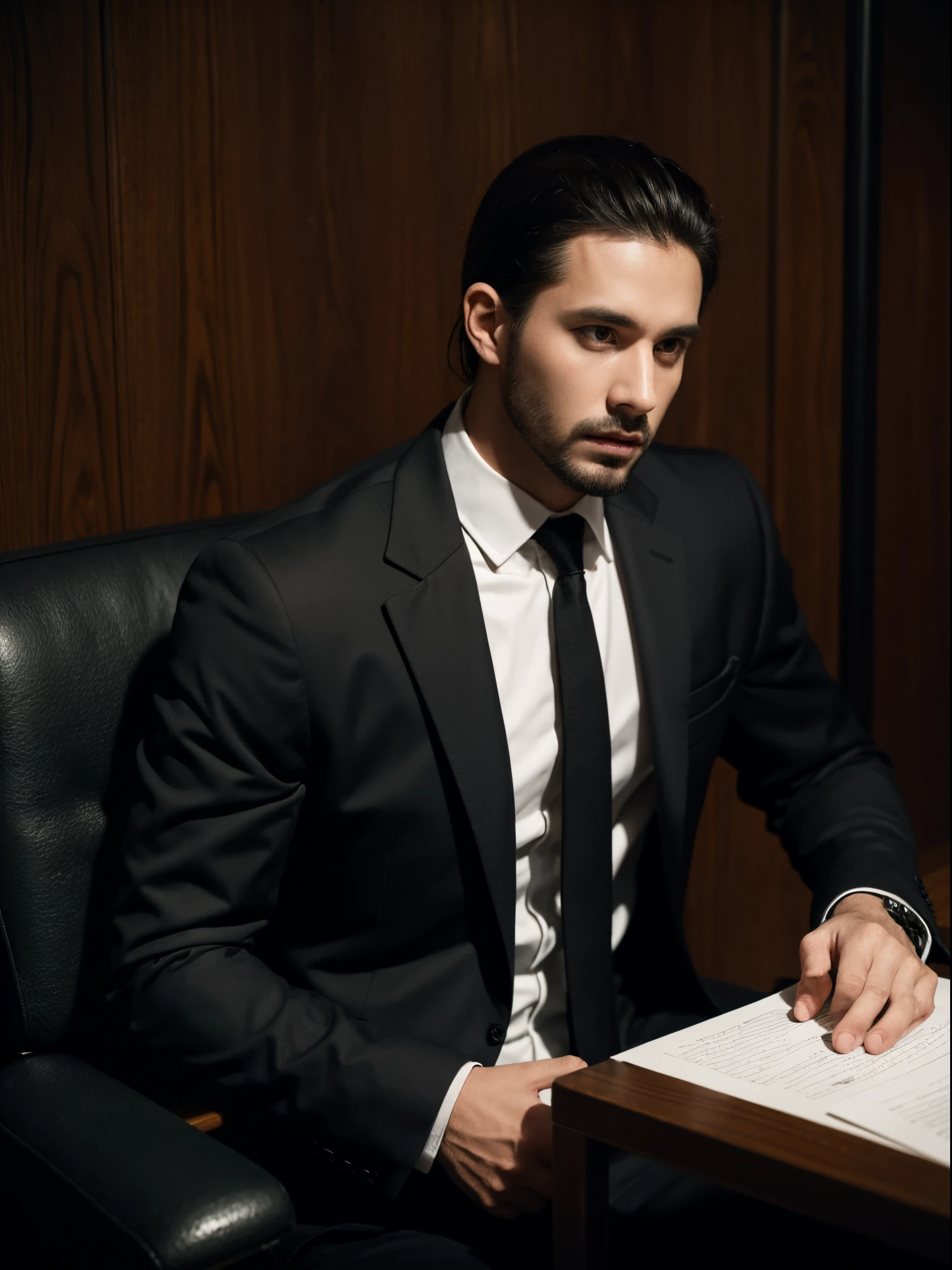 male, 30 years old, slick back, suit, interrogation room, dark