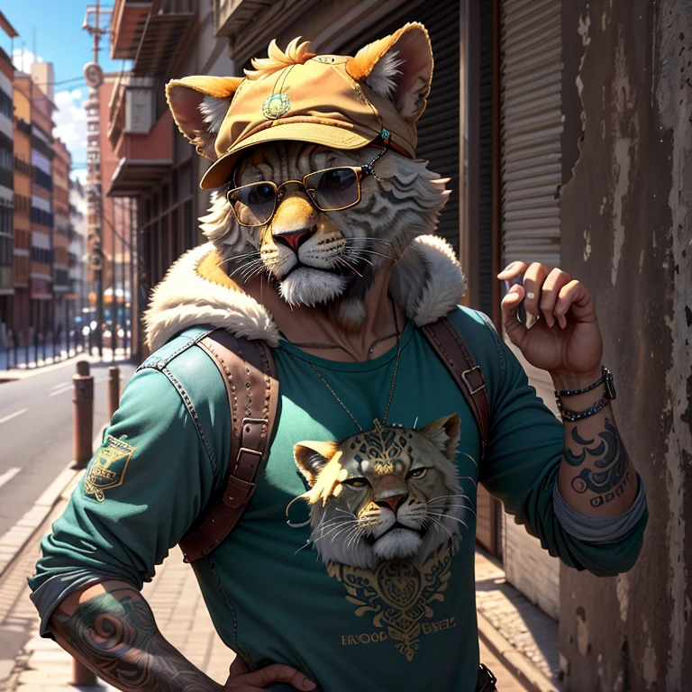 un leon gatito, que sea tierno, lleve gafas de sol y gargantilla, con un chaleco de cuero, en una ciudad vacia, tendencia artisticas y que este tatuado y fuerte