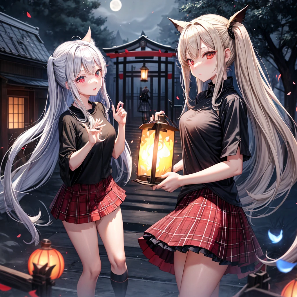 Black blonde、red eyes、one good looking girl、独奏、animesque、lightly dressed、Plaid miniskirt、burning blue petals、wetting hair、poneyTail、Black T-shirt、large tree、云、fullmoon、railroad crossing、monster castle、lantern、Gates of Hell、Gatekeeper