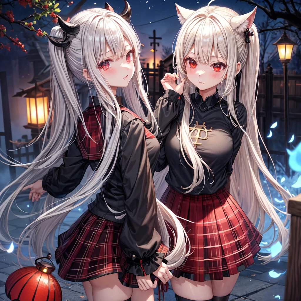 Black blonde、red eyes、one good looking girl、独奏、animesque、lightly dressed、Plaid miniskirt、burning blue petals、wetting hair、poneyTail、Black T-shirt、large tree、云、fullmoon、railroad crossing、monster castle、lantern、Gates of Hell、Gatekeeper