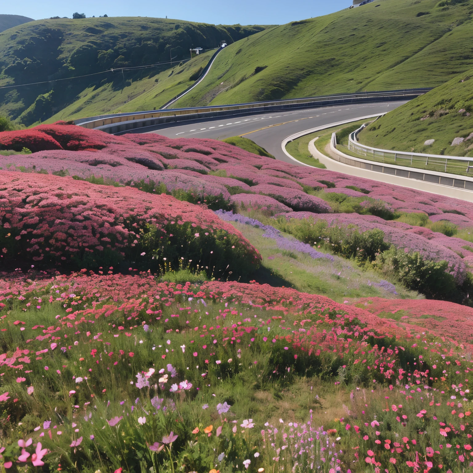 A row of red-leaved heather  planted under a sea of cosmos flowers on the slope protection next to the highway.