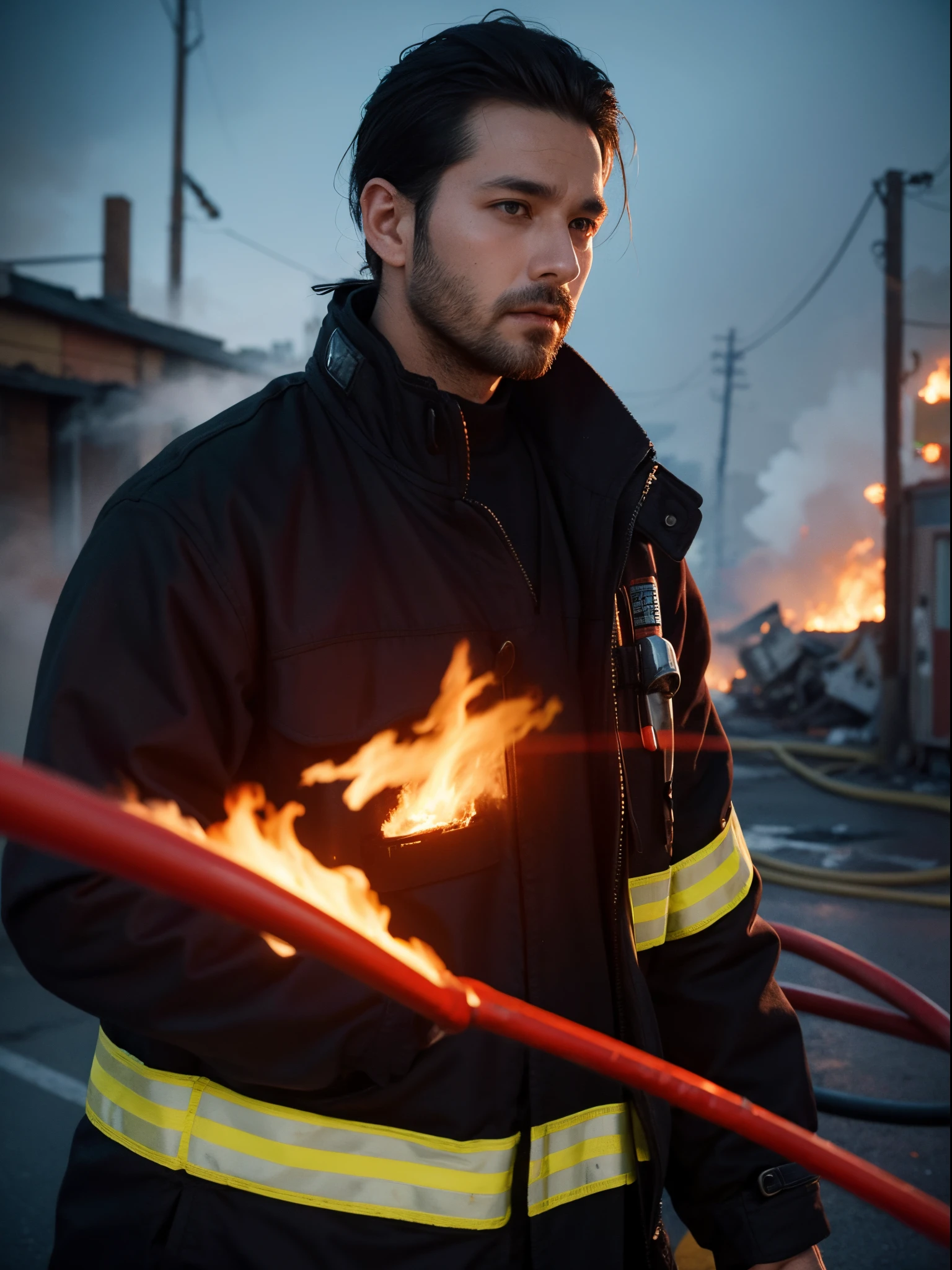 male, 30 years old, slick back, firefighter, broken town, fire, smoke, half body photo