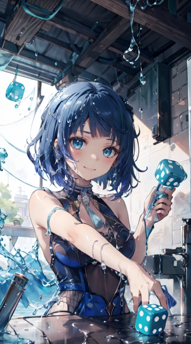 Yelan with water splashes around her, holding blue dice, blue thread around her, smirk, round face, water droplets, loking at the screen of veiwer