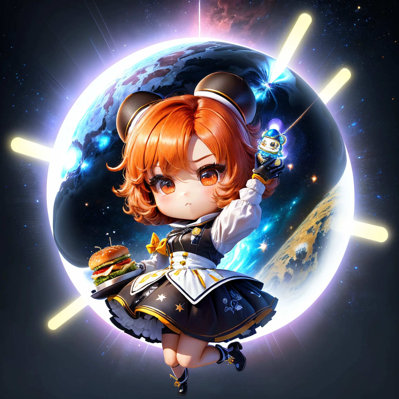 masterpiece、top-quality、ultra-detailliert、(Chibi Chara:1.27),KFC hamburger、Magic、Anthropomorphic、shoun、Dressed in futuristic machinery、have mechanical weapons、There is a colorful universe in the background。Pixar Animation、Funky Blind Box、OC Rendering、Ray traching、hightquality、High Detail、hight resolution、8k、Bust Size