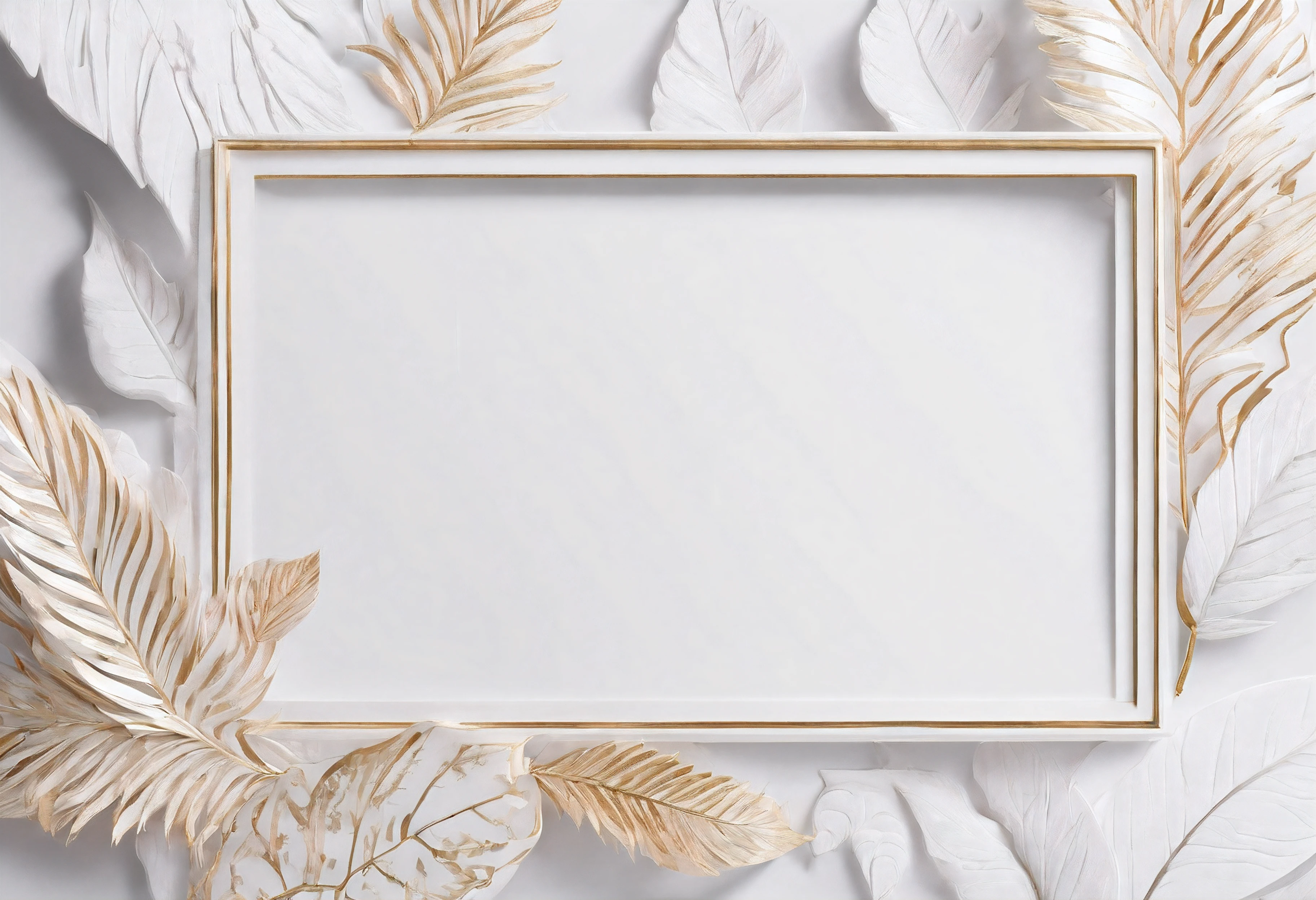 White marble frame of leaf. minimalism, minimal, plain white background, realism, realistic