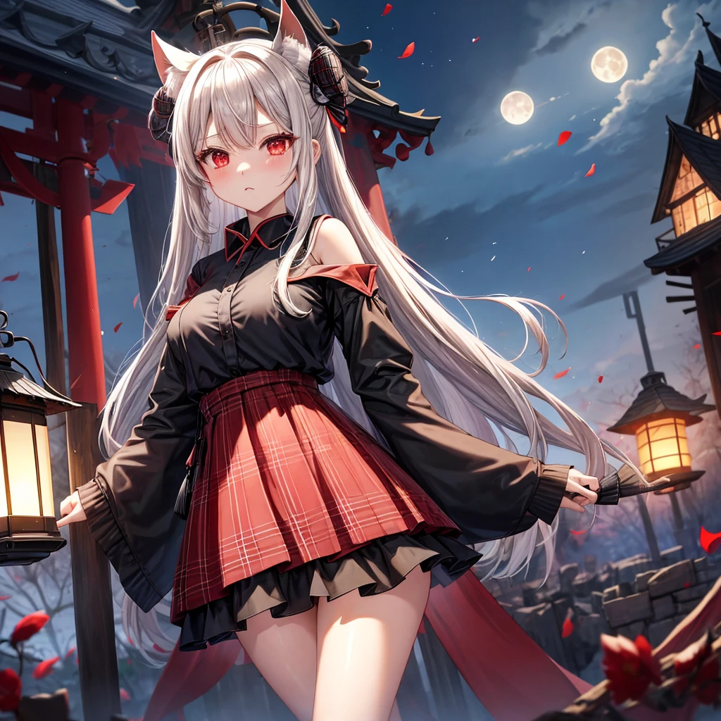 Black blonde、red eyes、one good looking girl、独奏、animesque、lightly dressed、Plaid miniskirt、burning blue petals、wetting hair、poneyTail、Black T-shirt、large tree、云、fullmoon、railroad crossing、monster castle、lantern、Gates of Hell、Gatekeeper