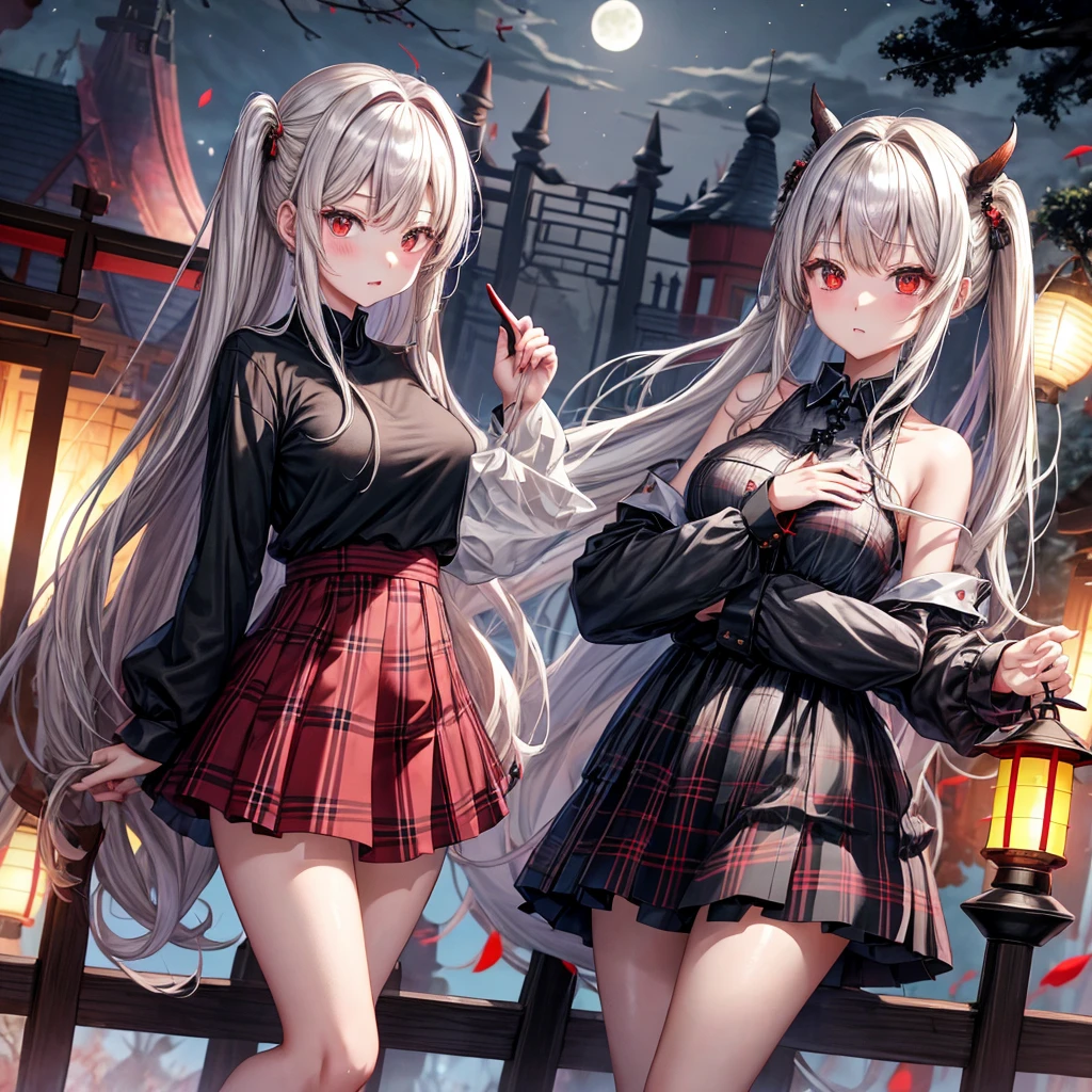 Black blonde、red eyes、one good looking girl、独奏、animesque、lightly dressed、Plaid miniskirt、burning blue petals、wetting hair、poneyTail、Black T-shirt、large tree、云、fullmoon、railroad crossing、monster castle、lantern、Gates of Hell、Gatekeeper