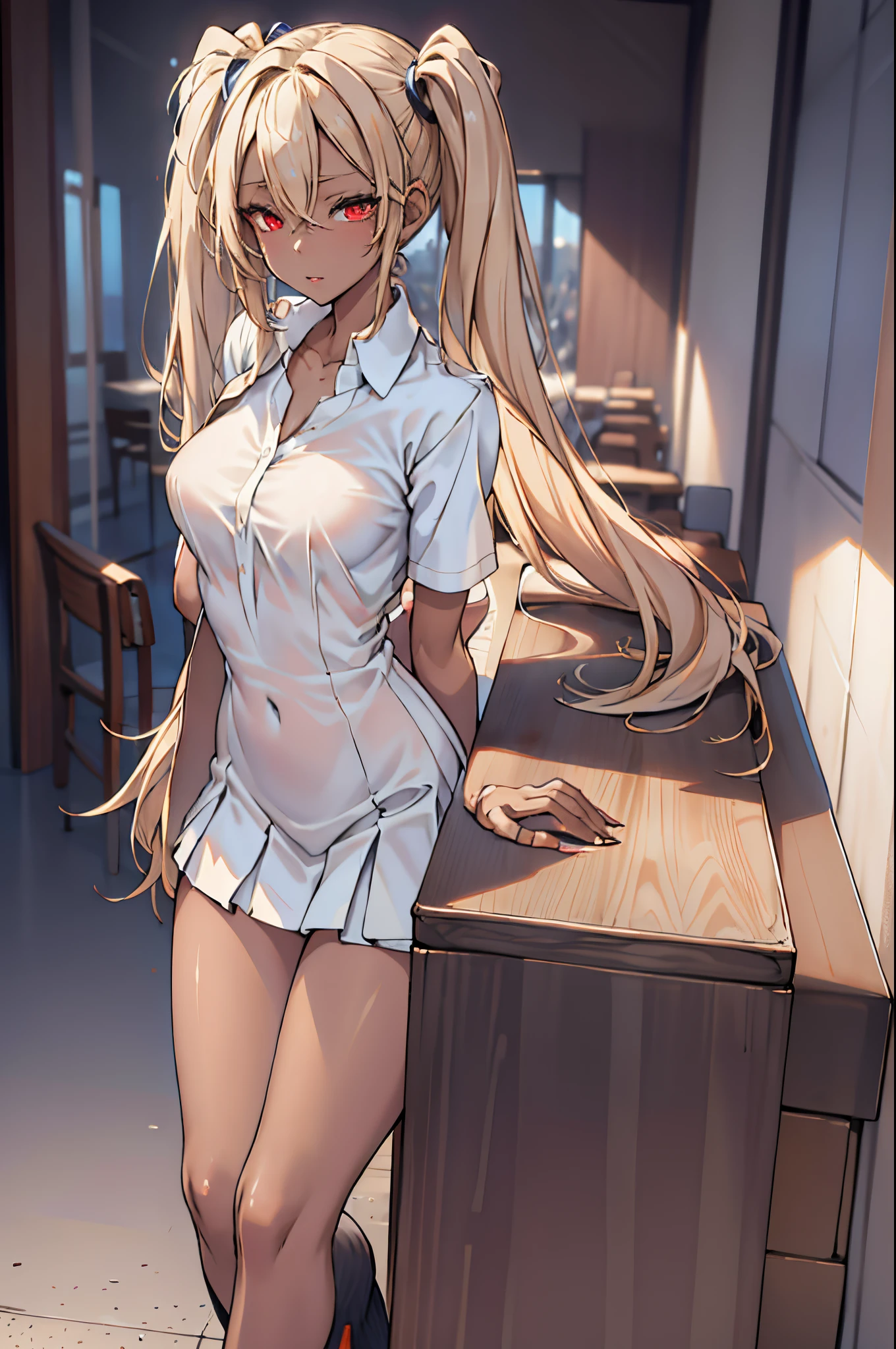(masterpiece:1.2, best quality), 1lady, solo, school uniform, classroom, day, sit, blonde, twintails, red eyes, open collabone, darkskin, (open breasts:1.1),