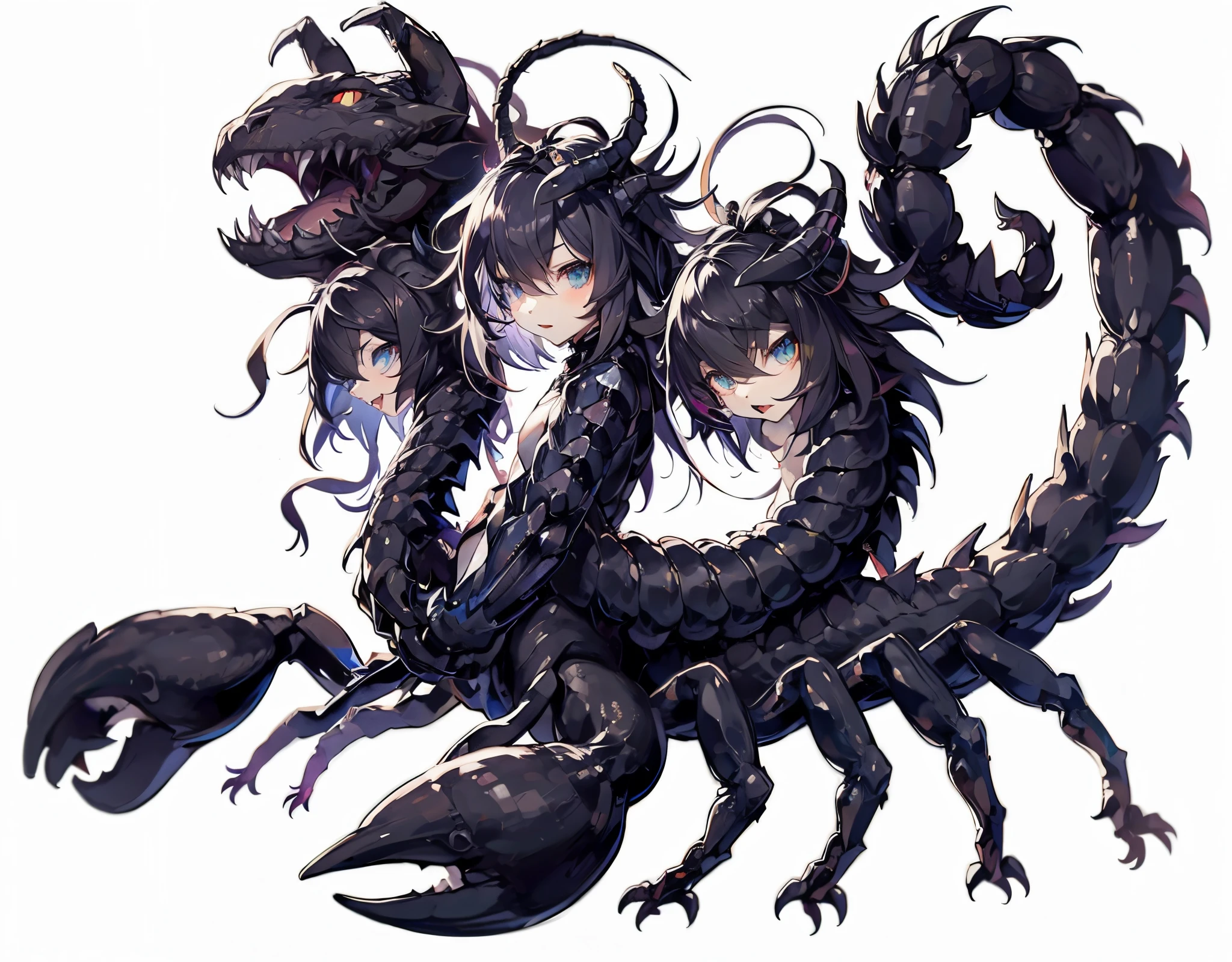 Azdahaku. Female Dragon. scorpion element. Meskemo. Black exoskeleton. Three-head. Compound. Anime style.