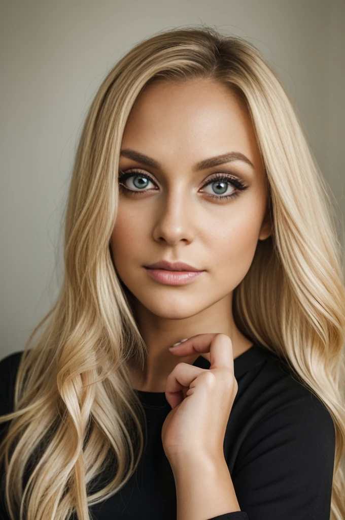 a woman with blonde hair and a black top posing for a picture, long blonde hair and large eyes, blonde hair and large eyes, headshot profile picture, brunette with dyed blonde hair, professional picture, long wavy blonde hair, kailee mandel, close up of a blonde woman, inspired by Gina Pellón, long blonde hair and big eyes