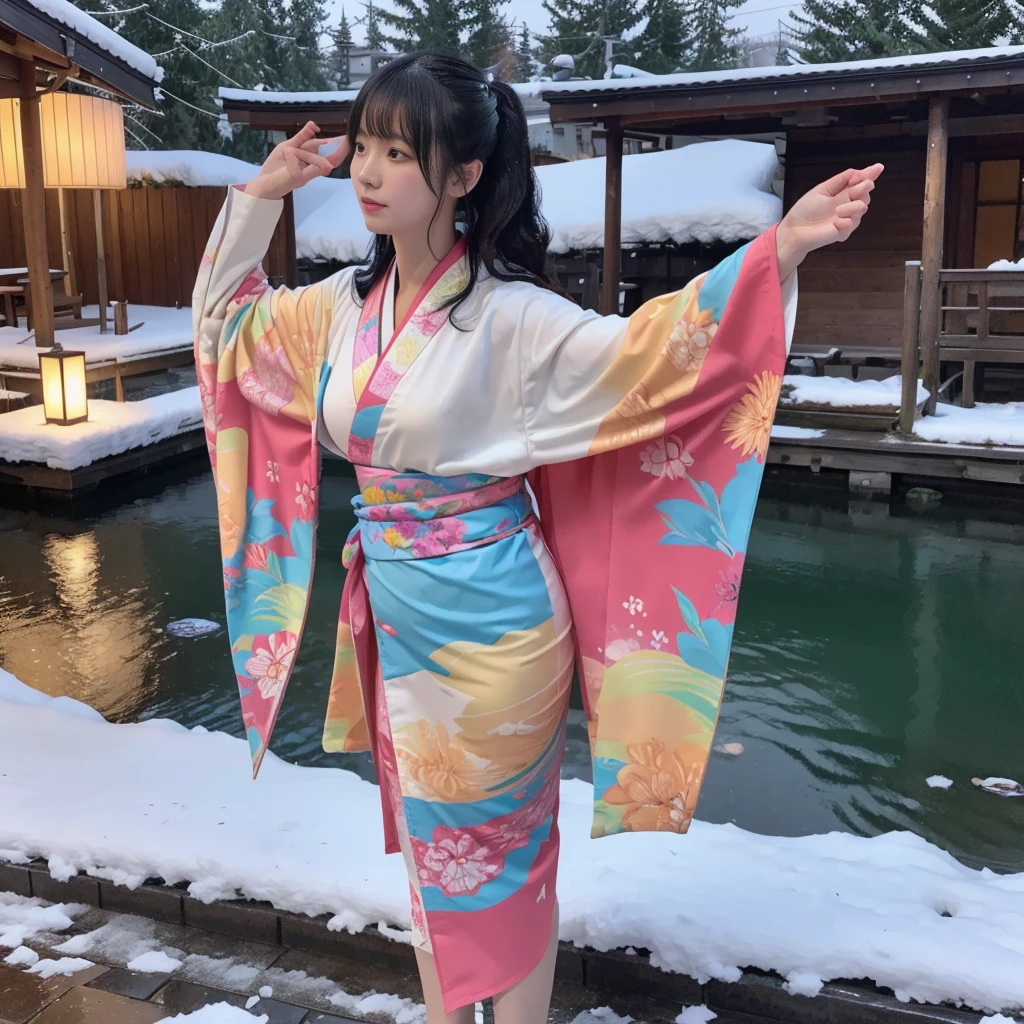 (Kimono)、(top-quality,masterpiece:1.3,超A high resolution),(ultra-detailliert,Caustics),(Photorealsitic:1.4,RAW shooting,)Ultra-realistic capture,A highly detailed,high-definition16Kfor human skin、 Natural Skin Texture、、The skin looks healthy with an even tone、 Use natural light and color,One Woman,japanes,kawaii,A dark-haired,very big hair,(depth of fields、chromatic abberation、、Wide range of lighting、Natural Shading、)、hot onsen、(Falling snow:1.2)、(Hair swaying in the wind:1.2)、(Snow reflects light:1.1)、Cleavage can be seen through the exposed kimono、Buttocks visible through exposed kimono(Colorful loincloth)、Photographed from directly behind while crawling on all fours with butt sticking out