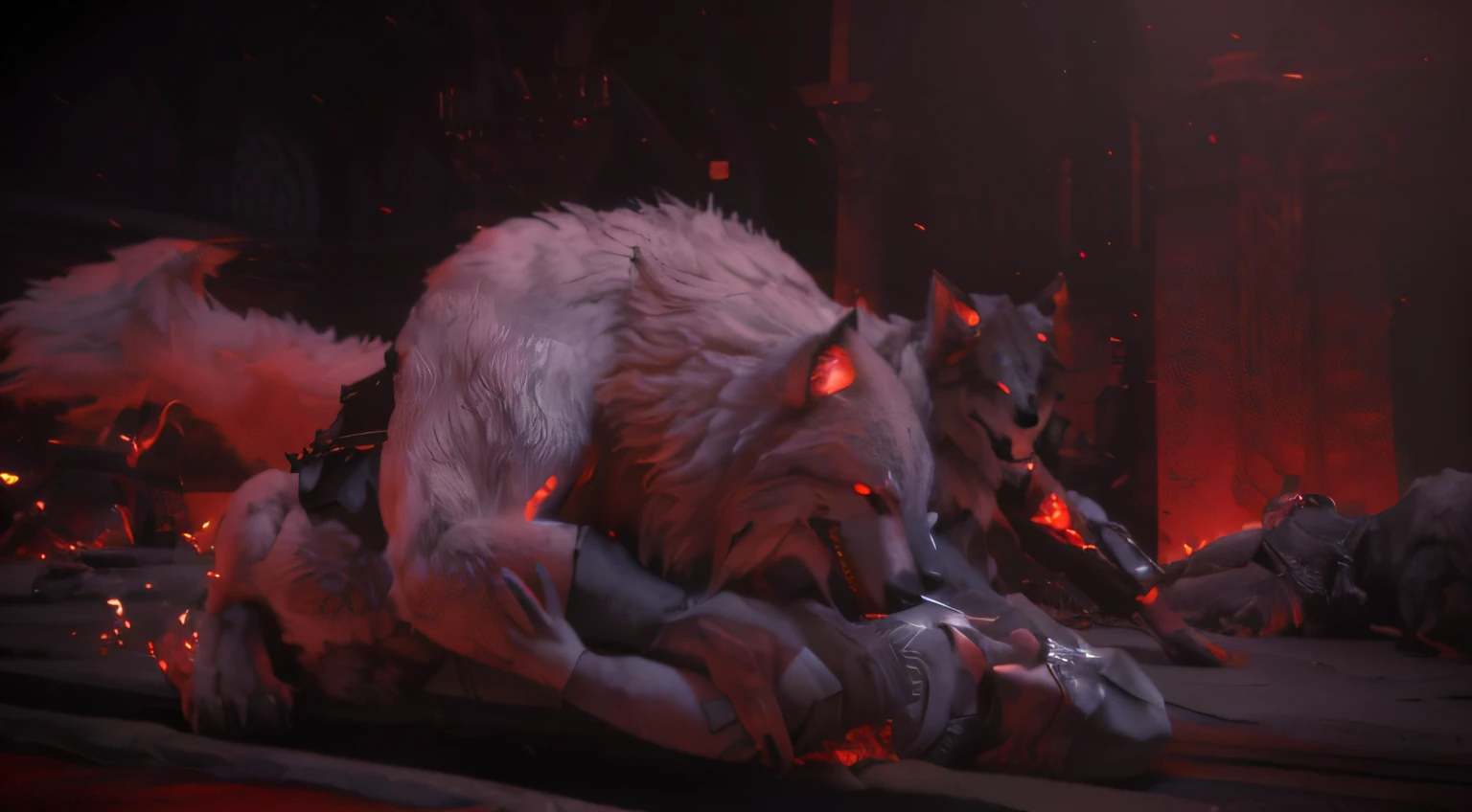 dramatic movie details, wolf in hell, detailed cinematic rendering, Detailed cinematic footage, Talking like a wolf, cold wolf, highly detailed vfx scene, CG cutscenes, Visual effects rendering, Render using sfm, riding a giant silver wolf, Octane renders Godrays, octane render movie, Ax and Bloodborne World