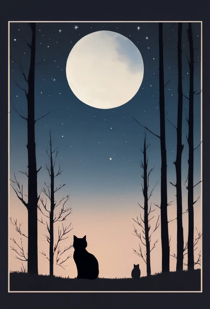 Minimalist moon and cat postcard,Silhouette of a stray cat staring at the moon on a winter night,A tree that withered in the winter cold々,Moon and stars,Pattern of the moon,Watercolor style,Gradation between night and day,deep blue night sky,masterpiece,illustration style,