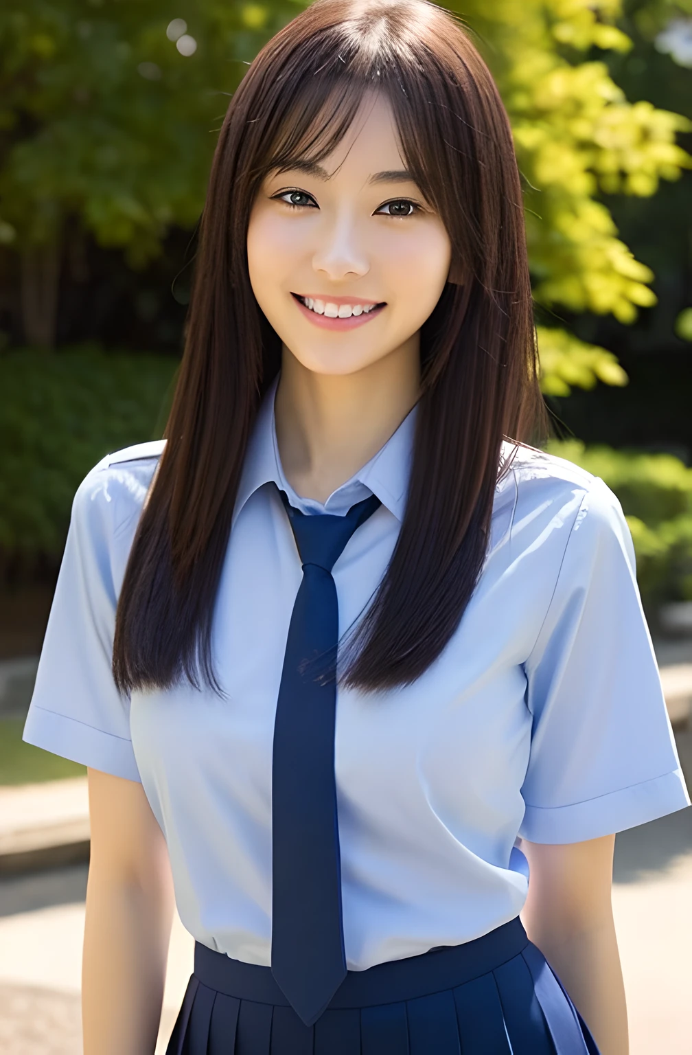 (Best Quality,4K,8K,hight resolution,masutepiece:1.2),Ultra-detailed,(Realistic,Photorealistic,Photorealsitic:1.37),One girl in the Japan、 girl has a perfect body、Smile、Transparency、large full breasts、School Uniforms、Navy blue tie、Navy blue skirt、Light blue shirt、hposing Gravure Idol、a park、Fair skin、Real Human Skin、pore switching