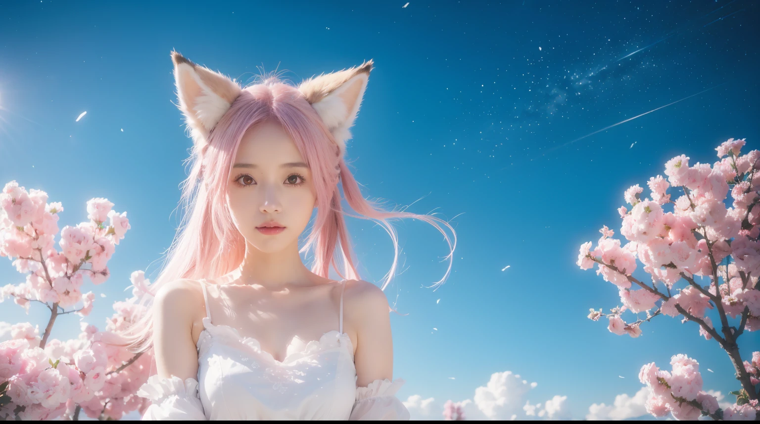 Nine snow-white fox tails (1.0), Milky white fox tail (1.0), Close-up of the nine-tailed fox, Nine tails, Nine tails, animemanga girl,A pink-haired,pinkdress,There are flowers on the hair, Very beautiful anime fox girl, Beautiful anime fox girl, Beautiful fantasy anime, guweiz, Anime girl with fox ears, Beautiful anime girls, Very beautiful and cute fox girl, pink flower rain, The background blurred out, Anime style 4k, Anime fantasy artwork, 4k anime wallpapers, Gouves style artwork