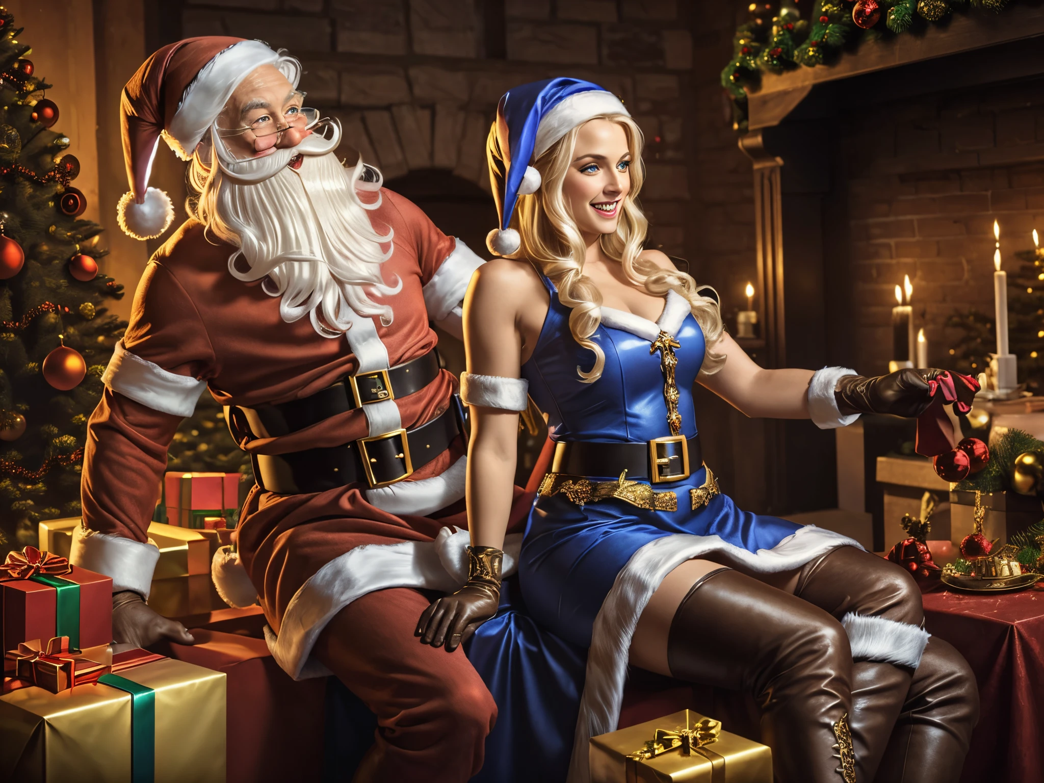(1 man dressed as Santa Claus:1.5) dances in the center of the frame with young womans in the office. side view BREAK 1woman blonde elf with blue eyes, beatiful face, long wavy hair, in a blue dress with gold embroidery, leather gloves above the elbow, thigh boots. BREAK 2woman brunette elf, hair ponytail, cute face, in a white dress with black embroidery, leather gloves above the elbow, thigh boots. BREAK smile, laughter, atmosphere of celebration and fun, hiquality. 8K.