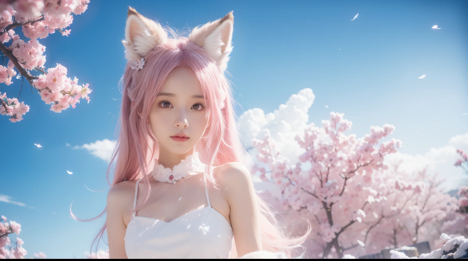Nine snow-white fox tails (1.0), Milky white fox tail (1.0), Close-up of nine-tailed fox, Nine Tails, Nine Tails, anime manga girl，Pink hair，Pink skirt，flowers in his hair, Very beautiful anime fox girl, Beautiful anime fox girl, Beautiful fantasy anime, Gu Weiss, Anime girl with fox ears, Beautiful anime girl, Very beautiful and cute fox girl, Pink Flower Rain, the background blurs, Anime style 4k, Anime Fantasy Artwork, 4k anime wallpaper, Old Wes (gouves) Style artwork