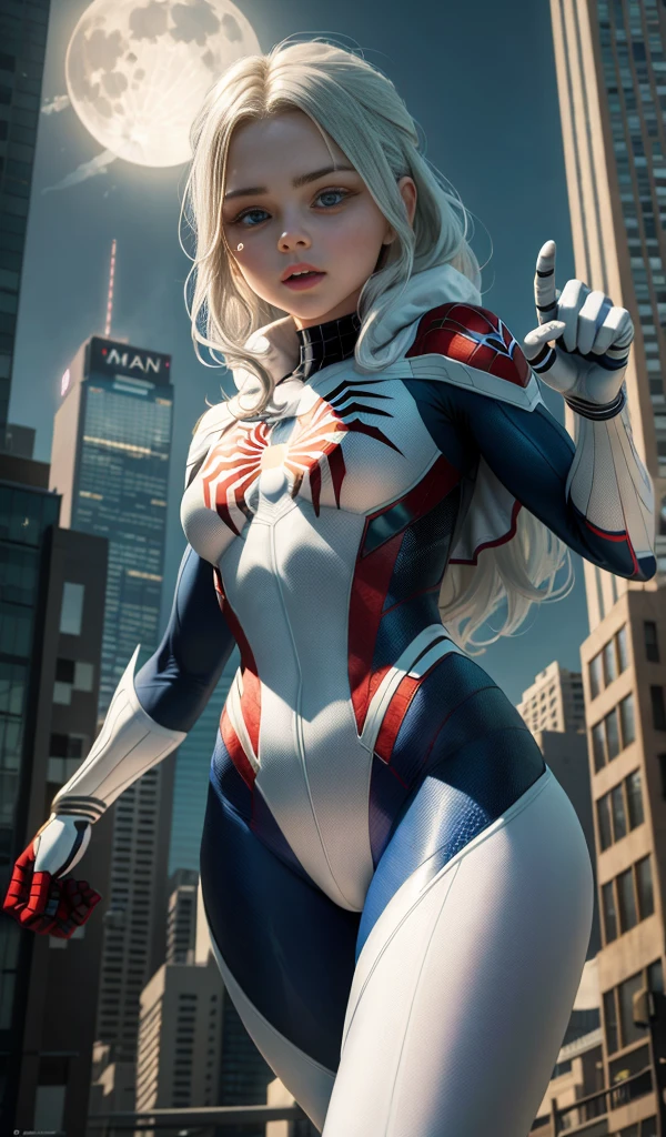 Chloe Grace Moretz(Masterpiece, 4k resolution, ultra-realistic, very detailed), (White superhero theme, charismatic, there's a girl at the top of town, wearing Spider-Man costume, she's a superhero), [ (25 years), (long white hair:1.2), full body, (blue eyes:1.2), ((Spider-Man pose),show of strength, jumping from one building to another), ((sandy  environment):0.8)| (cityscape, at night, dynamic lightull moon))] # Explanation: The Prompt mainly describes a 4K painting of ultra-high definition, very realistic, very detailed. It shows a superheroine at the top of the city, wearing a Spider-Man costume. The theme in the painting  a white superhero theme, the female protagonist has long white hair,  25 years old and her entire body  shown in the painting. In terms of portraying the actions of superheroines, spiders are employed