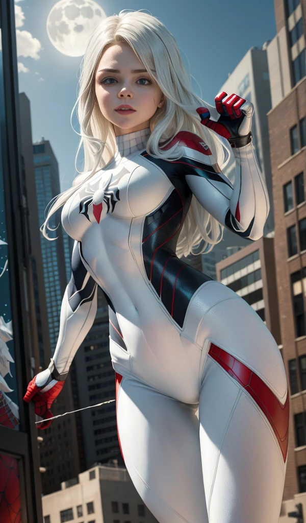 Chloe Grace Moretz(Masterpiece, 4k resolution, ultra-realistic, very detailed), (White superhero theme, charismatic, there's a girl at the top of town, wearing Spider-Man costume, she's a superhero), [ (25 years), (long white hair:1.2), full body, (blue eyes:1.2), ((Spider-Man pose),show of strength, jumping from one building to another), ((sandy  environment):0.8)| (cityscape, at night, dynamic lightull moon))] # Explanation: The Prompt mainly describes a 4K painting of ultra-high definition, very realistic, very detailed. It shows a superheroine at the top of the city, wearing a Spider-Man costume. The theme in the painting  a white superhero theme, the female protagonist has long white hair,  25 years old and her entire body  shown in the painting. In terms of portraying the actions of superheroines, spiders are employed