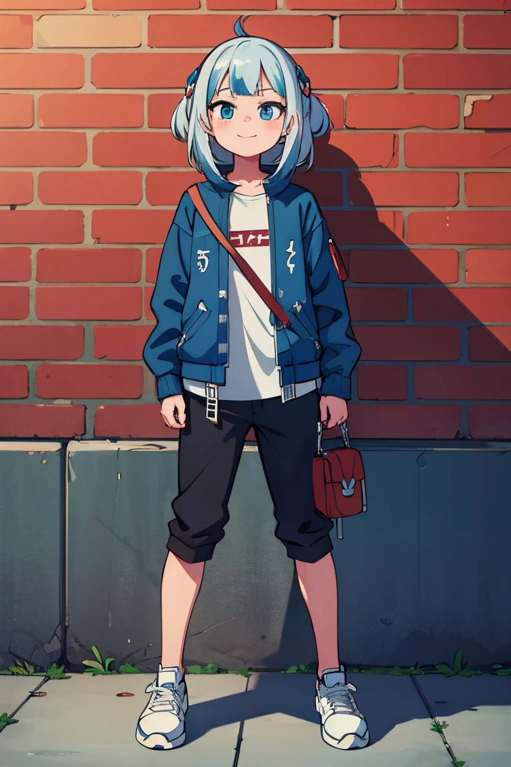 ((Gawr gura)), ((Best Quality, 8K, masutepiece:1.3)), Focus: 1.2, (Perfect Body Beauty), (Best Quality), (Best Shadow), Detailed, Perfect Lighting, BREAK, Little smile, cute eyes, swept bangs, Perfect Anatomy, BREAK, Stand on the brick wall, Looking away, Upper body, (baggy) saxophone blue collage jacket, Sweatshirt, 1 crossbody bag for girls, sneakers, Black jersey pants,