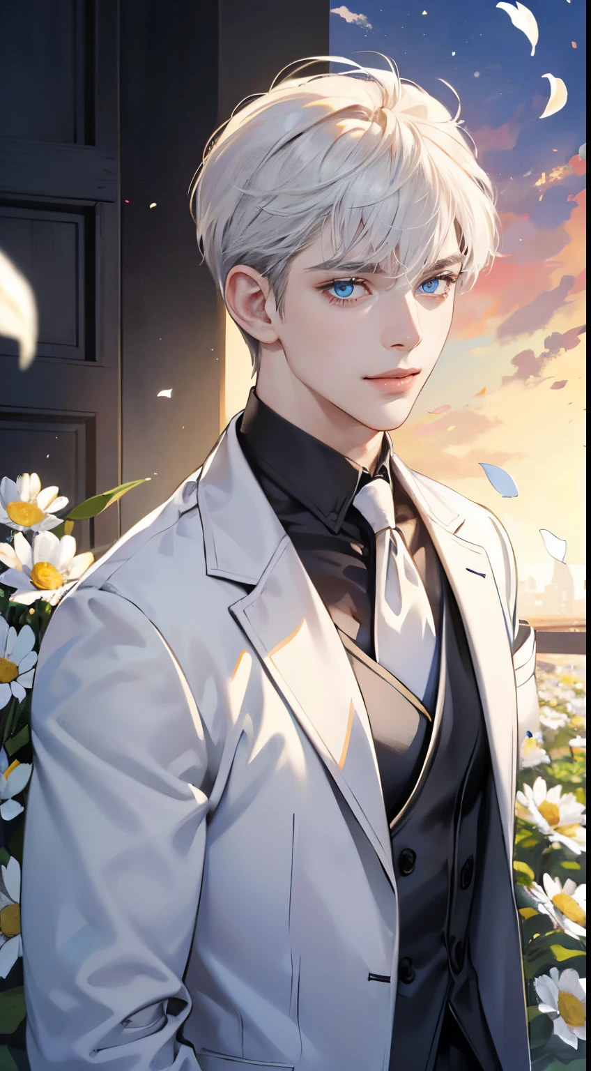 ((Sunny one))((tmasterpiece)),(((Best quality at best))), (detailedlight) (detailed shadow), (high qulity, Thrilling),(Expressive eyes, s the perfect face), 1人, Alone, male people, tall, (mature), Board shoulders, musculous, Short platinum hair, side swept bangs, eBlue eyes, (((Smiling))), white business suit, White tie, Daisy flower background, Petals flying, Windy, Just look at the audience, earrings for one ear.