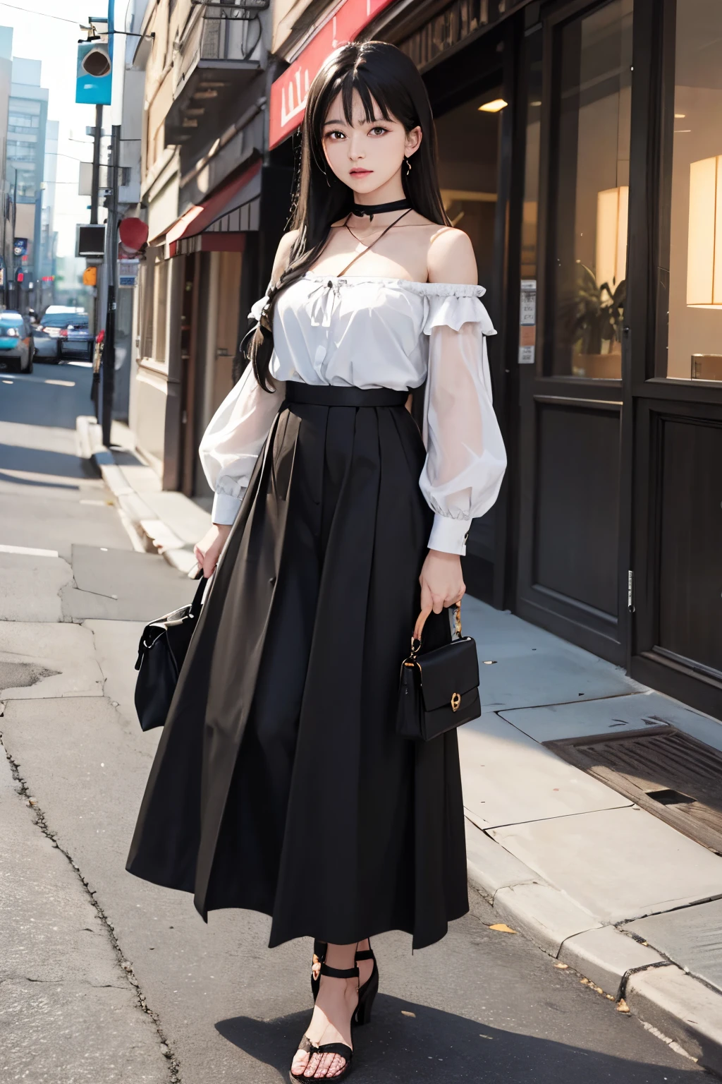 high-level image quality、Reflecting the whole body、２０age、Black hair semi-long、Pretty Face、long skirt without white blouse、Choker around the neck、brown heeled sandals