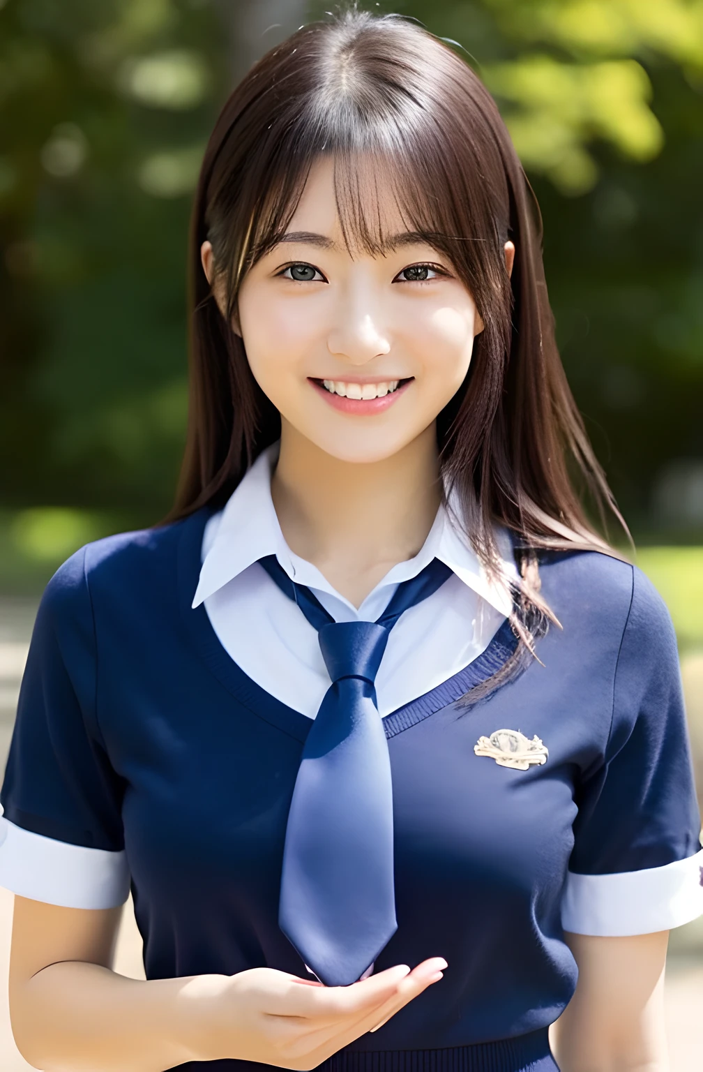 (Best Quality,4K,8K,hight resolution,masutepiece:1.2),Ultra-detailed,(Realistic,Photorealistic,Photorealsitic:1.37),One girl in the Japan、 girl has a perfect body、Smile、Transparency、large full breasts、School Uniforms、Navy blue tie、Navy blue skirt、Light blue shirt、hposing Gravure Idol、a park、Fair skin、Real Human Skin、pore switching