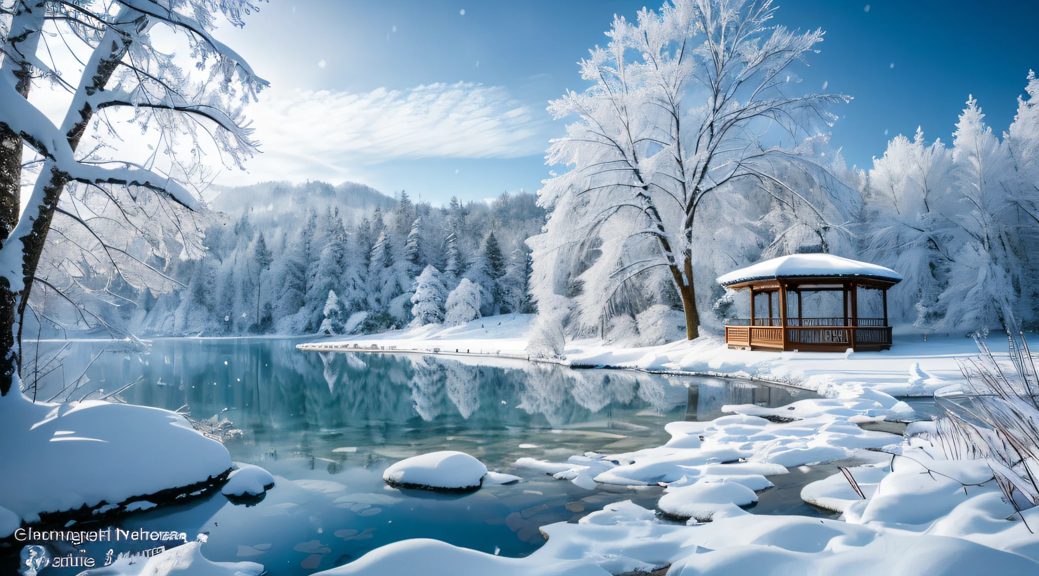 a close up of a gazebo in a snowy forest with a lake, beautiful winter area, beautiful snowy landscape, snowy winter scene, snowy environment, winter lake setting, snowy lake setting, winter scene fantasy, snowy landscape, snowy winter, snow landscape, winter setting, winter wonderland, winter in the snow, winter landscape outside, winter scene, snow and