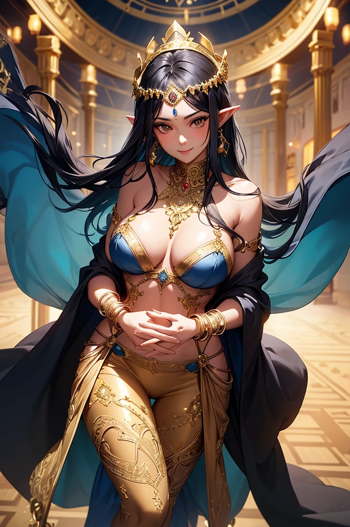 woman, sexy, smile, leaning forward, detailed face, finely golden eyes, intricate tube top, intricate leggings, gold bracelet, intricate headdress, long dark blue hair, pointy ears, standing inside desert palace, cowboy shot, ((beautiful embroidery & jewelry)), masterpiece, fantasy