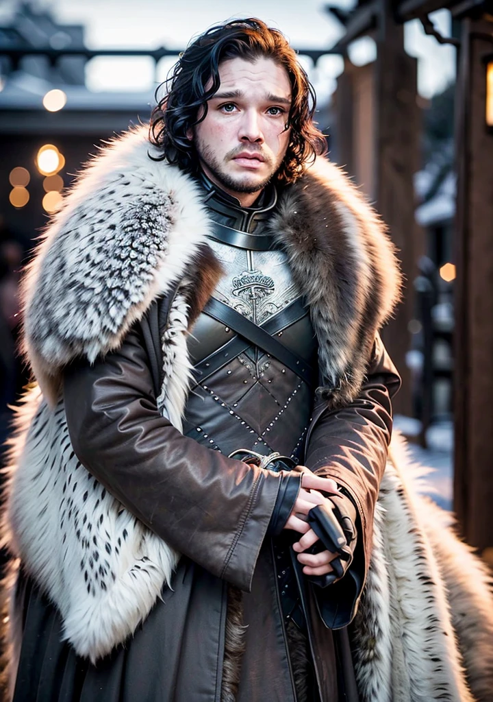 Kinoplakat von Jon Snow mit einem Schwert, accompanied by a white wolf, im Schnee. (HDR: 1.4), (Filmische Beleuchtung: 1.4), Meisterwerk, Ultra-realistisches 8K, Perfekte Kunst, Komplizierte Details, Scharfer Fokus, detailliertes Gesicht, Lichter und Schatten, Lebendige Farben, award-winning photography, hyperrealistisch.