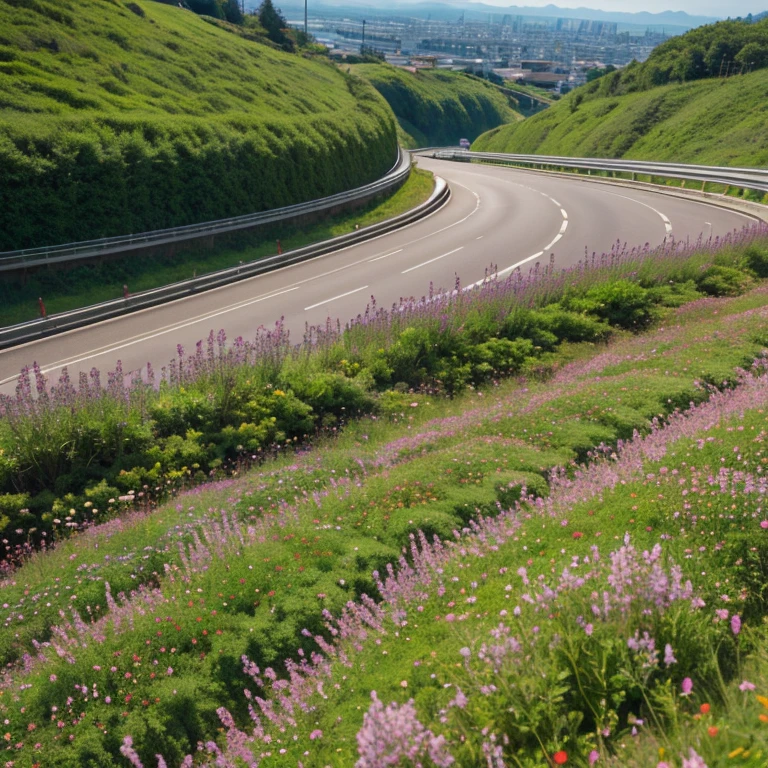 Highway slope protection and greening ,Cosmos flower sea,wide angles,Large angle,high perspective,A row of red-leaved heather balls below
