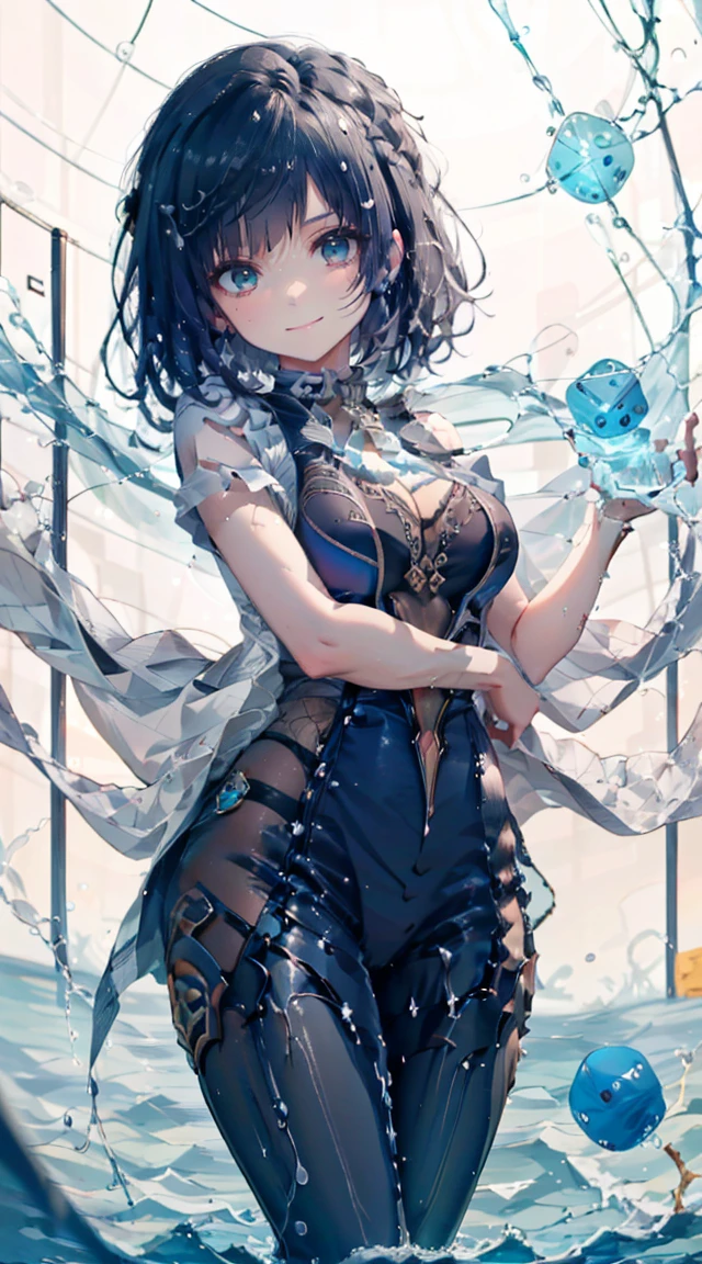 Yelan with water splashes around her, holding blue dice, blue thread around her, smirk, round face, water droplets, looking at the screen of viewer, 6 pack, tall, biceps, triceps, thik thighs