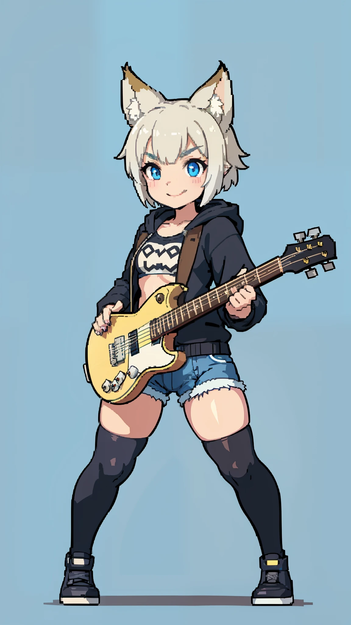 Masterpiece, wide smile, wolf girl with short white hair, punk hair style, half shaved hair style, (happy face expression:1.5), ((has wolf ears)), ((had wolf tail)), action pose, wearing denim short shorts and a cropped black hoodie, (playing on guitar:1.25), thick thighs, wide hips, wearing thigh high socks, solo, alone, no wolves, showing belly, has glowing blue eyes, flat chest