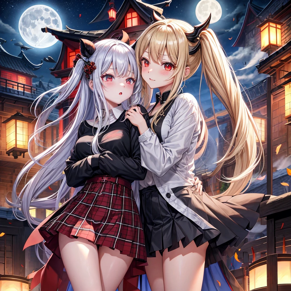Black blonde、red eyes、one good looking girl、独奏、animesque、lightly dressed、Plaid miniskirt、burning blue petals、wetting hair、poneyTail、Black T-shirt、large tree、云、fullmoon、monster castle、lantern、Gates of Hell、Gatekeeper