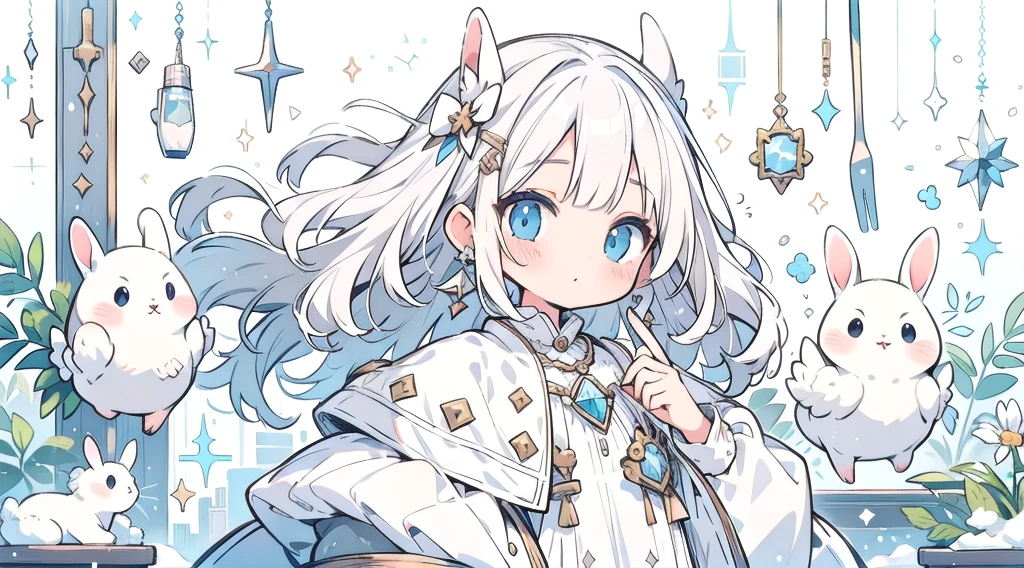 ​masterpiece, top-quality, illustratio,Snow、Platinum Earrings, Platinum Necklace, white dres, 1girl in, cute little, Warm lighting, delicated facial features, A detailed eye,  Many Small Gems、kirakira、A lot of rabbits、Pure white