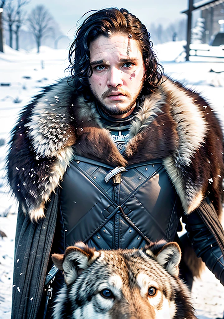 Kinoplakat von Jon Snow mit einem Schwert, accompanied by a white wolf, im Schnee. (HDR: 1.4), (Filmische Beleuchtung: 1.4), Meisterwerk, Ultra-realistisches 8K, Perfekte Kunst, Komplizierte Details, Scharfer Fokus, detailliertes Gesicht, Lichter und Schatten, Lebendige Farben, award-winning photography, hyperrealistisch.