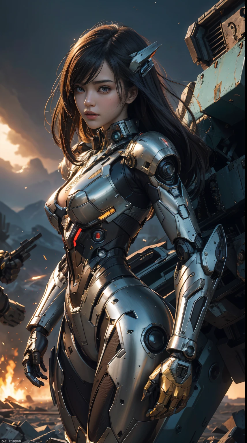 ctextured skin, super detailing, high detal, high qulity, Best quality at best, A high resolution, 1080p, beautiful android woman,Mecha robot woman, Earth Defense War，blasts，destruction，Versus mode,mecha-girl,She wears a futuristic mech,Bust photo