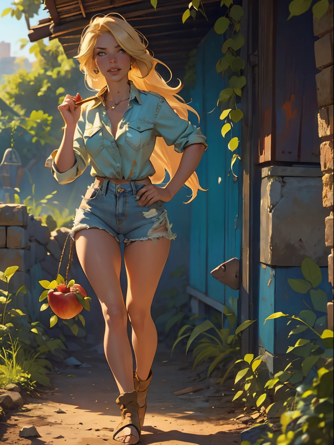 2076 year. The  Ruins of the Wasteland, Female huntress picking fruit in the garden, beautiful face, blonde, badly torn shirt and denim shorts ,  long legs, sweating through, sun rising, Nice warm colors, head to toe, full body shot, pretty hands, perfect fingers,