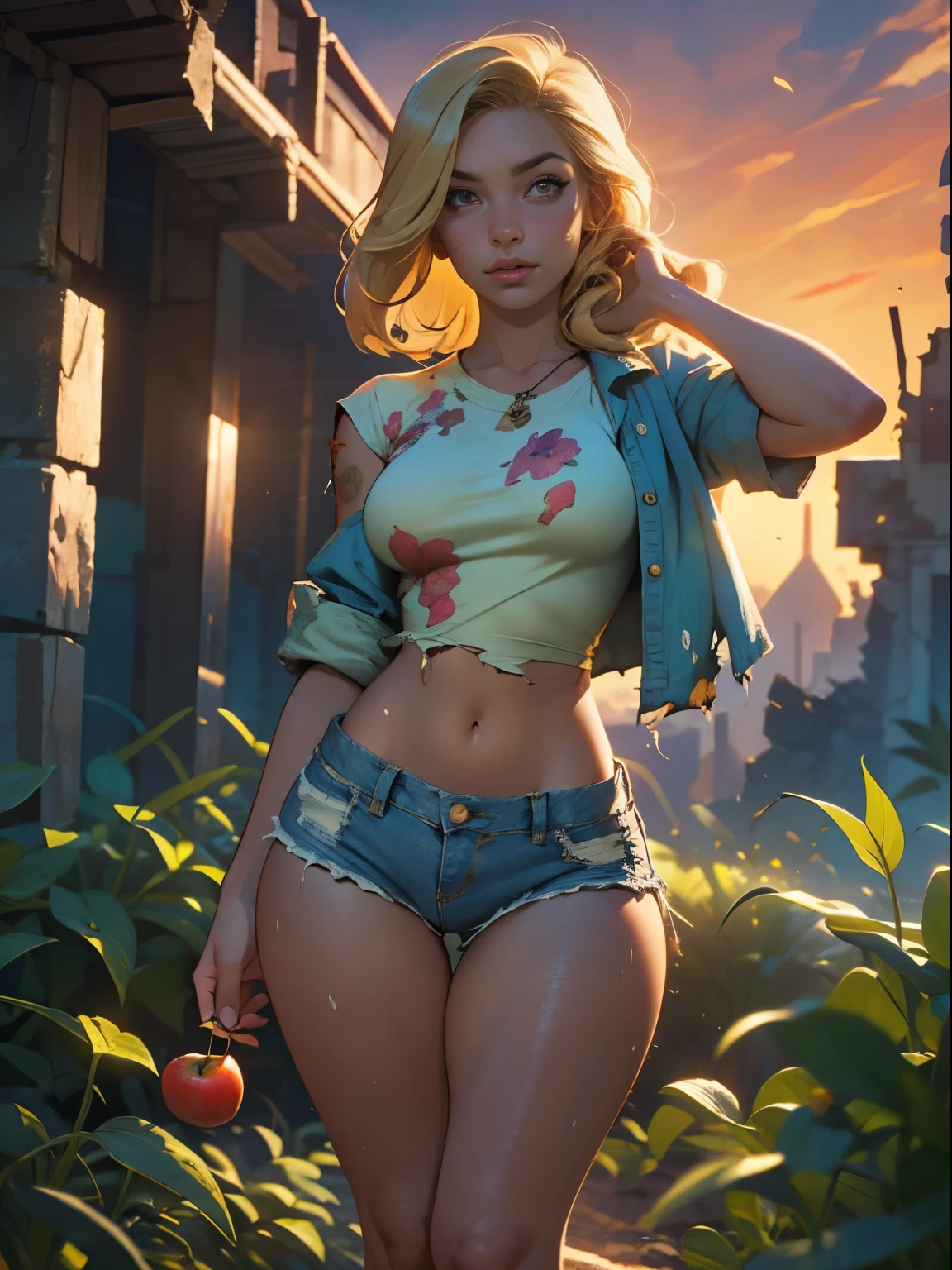 2076 year. The  Ruins of the Wasteland, Female huntress picking fruit in the garden, beautiful face, blonde, badly torn shirt and denim shorts ,  long legs, sweating through, sun rising, Nice warm colors, head to toe, full body shot, pretty hands, perfect fingers,