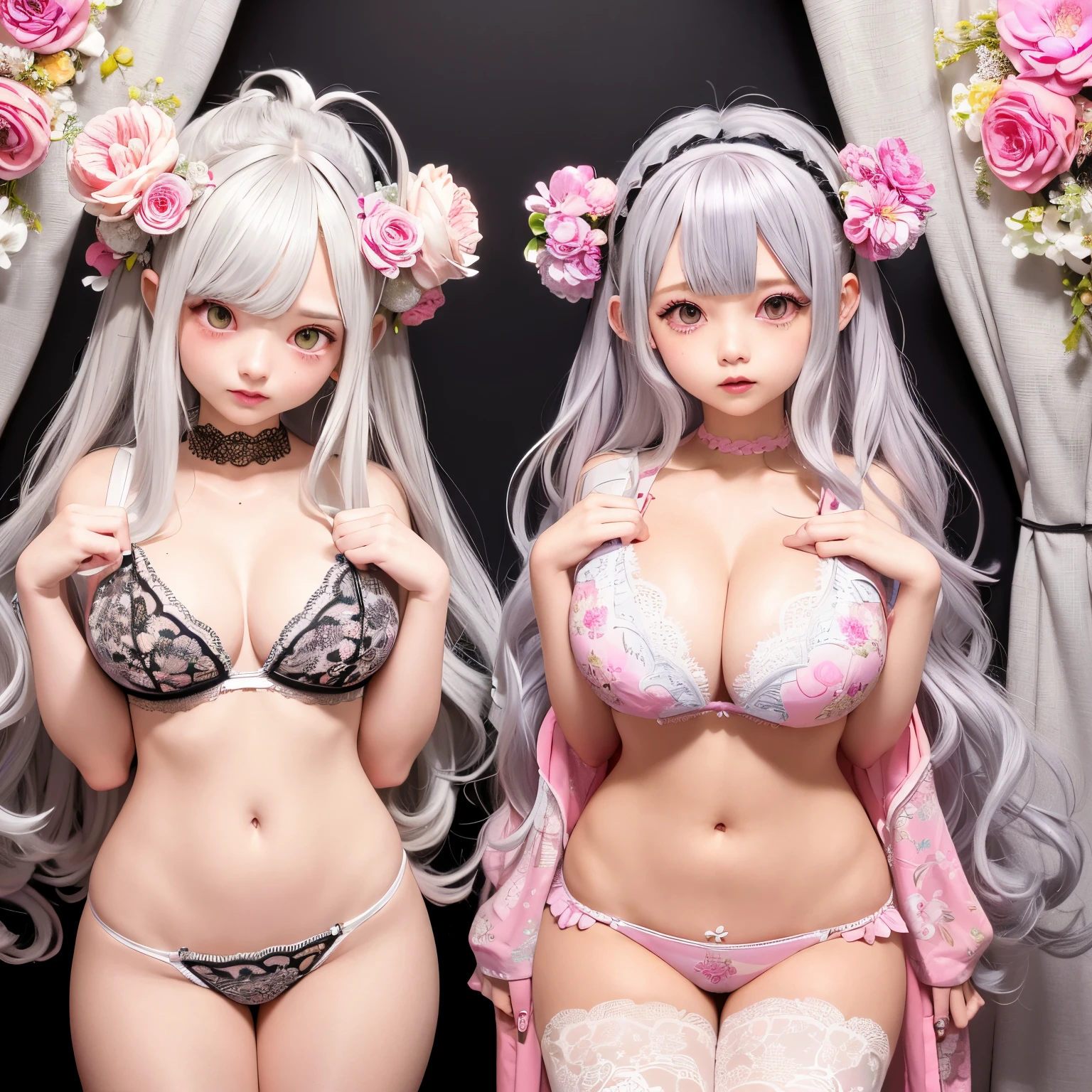 Whole body、one girls、i have silver hair color、Two-tone、(highlight pink)Bun hair、Curly hair、silver and pink hair color、floral headband、Black bra,Emphasize floral lace、Tremendously large breasts、pantiy(Emphasize and highlight floral patterns、Panties half down、Japan Anime Style Odd Eye