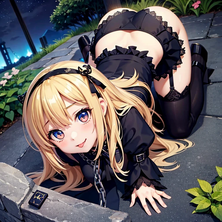 beautiful long blonde　Beautiful girl with shy blue island　small tit　Gothic lolita　gargantilha　chain leash　all-fours　Garden at night　a miniskirt　White panty　stick out your tongue