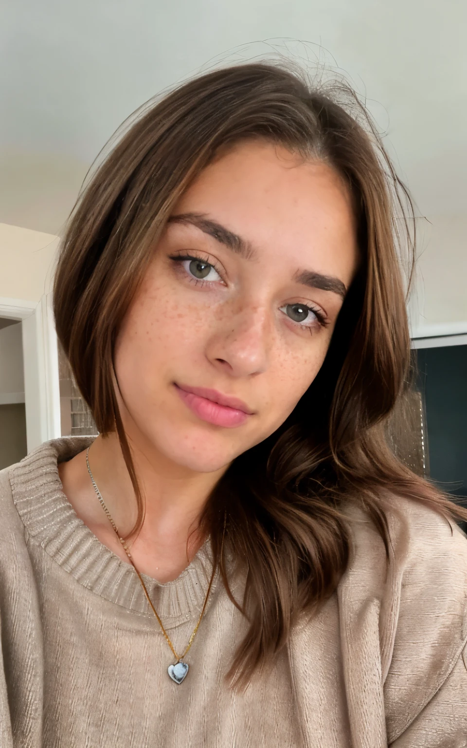 photorealistic, sharp focus, raw photo, brown hair with frosted tips, Hannah Stein, slight freckles,  hazel eyes, photo, beautiful 24y.o ukranian girl, take a selfie, oversized sweater, detailed skin poreace texture, pores, dynamic pose, looking at viewer, face focus, taken with mobile cam, film grain